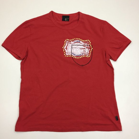 JUST ROBERTO CAVALLI Short Sleeve Red Gold Studded Multi Color Print Tee Shirt - Picture 1 of 9